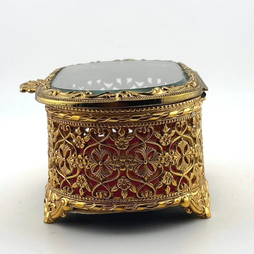 Vintage Mele Gold Filigree Casket Jewelry Box‎ Beveled Glass Japan